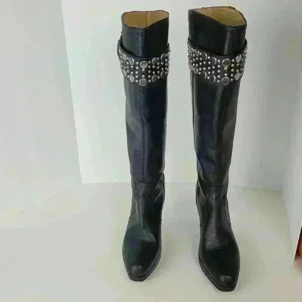 Frye Black Katie Heel Leather Tall Heels Pointed Toe Studded Band Sz 6.5M - Picture 6 of 16